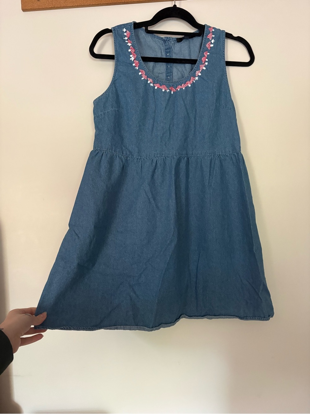 100% Cotton Hand painted Mushroom Blue Denim Sleeveless Sun Dress